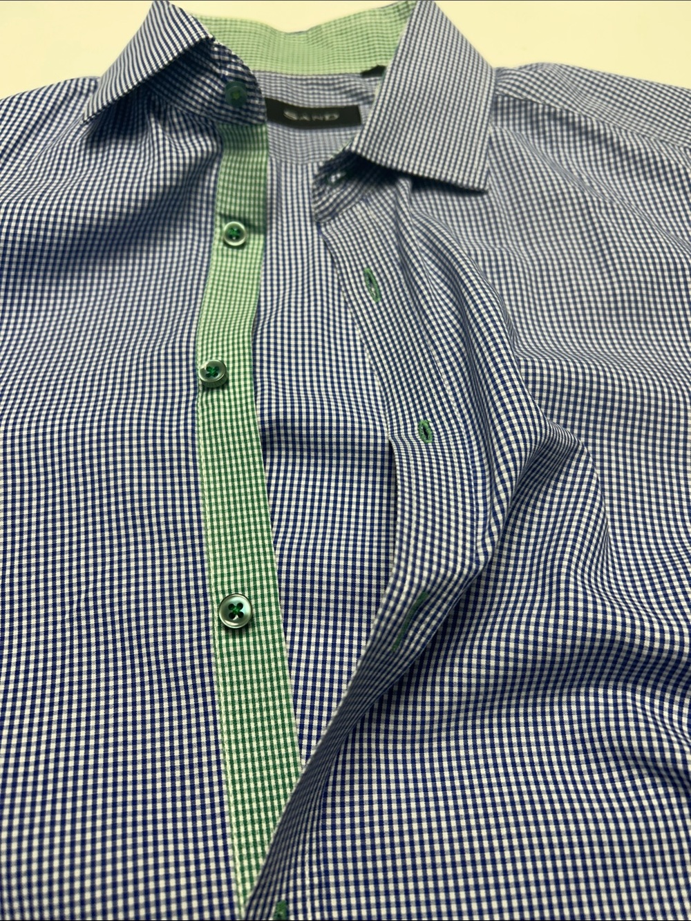 SAND Blue Micro-Gingham Dress Shirt with Green Trim Men’s 42